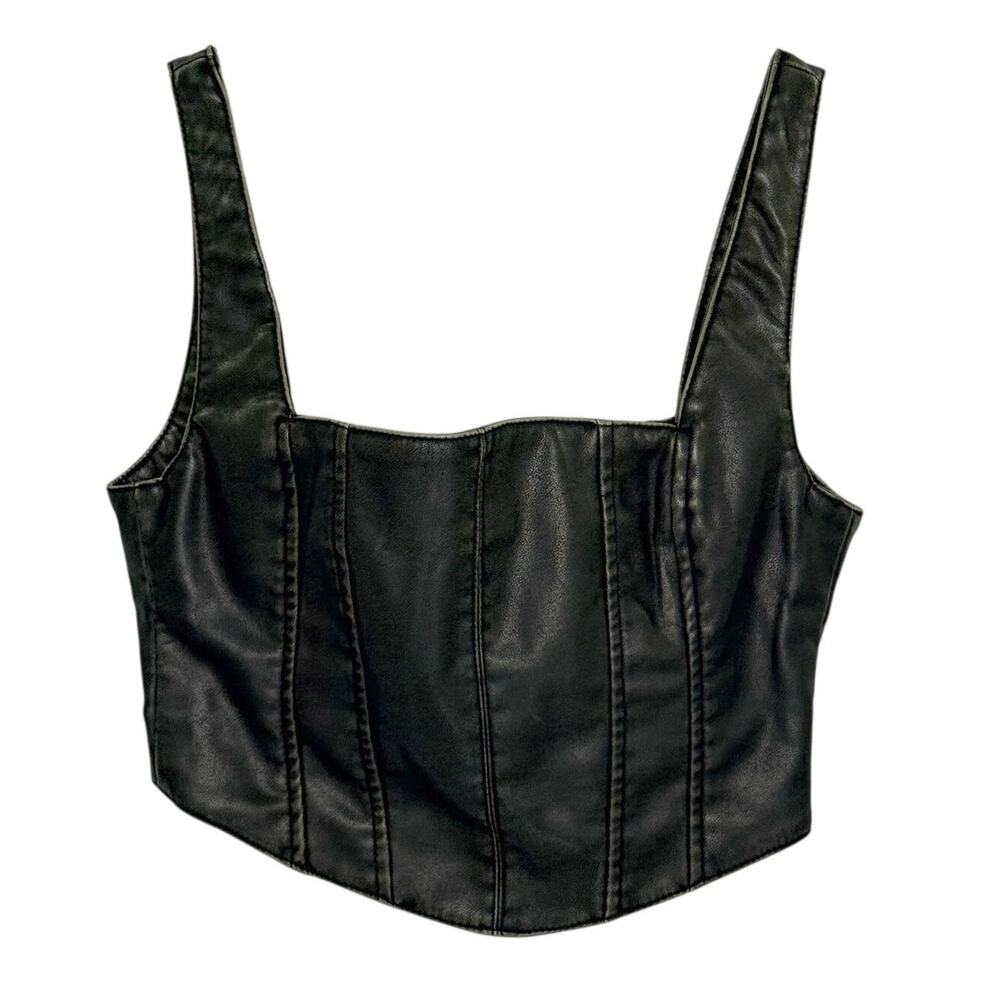 Bershka Washed Black Faux Leather Square Neck Corset Crop Top M NEW